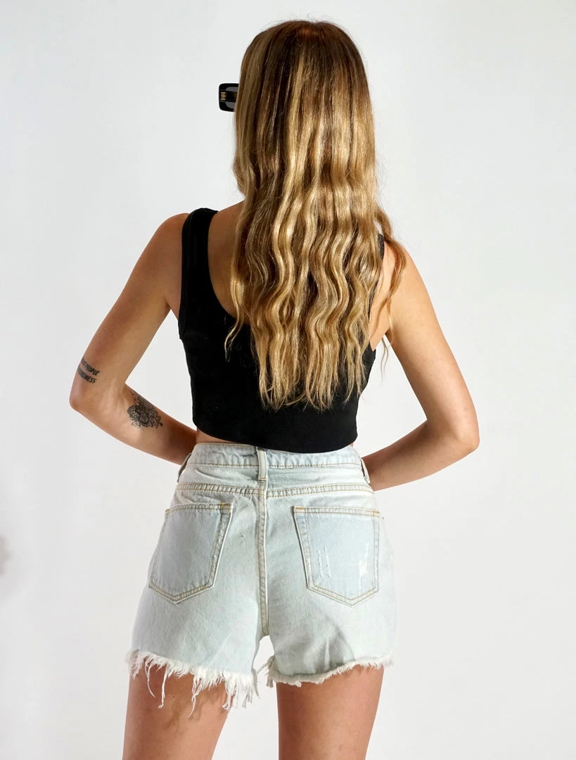 Au Darling Light Denim Frayed Shorts