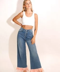 Au Darling Pink Feather Trim Jeans Clothing