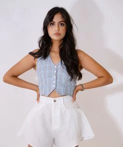 Au Darling Blue Plaid Vest Top
