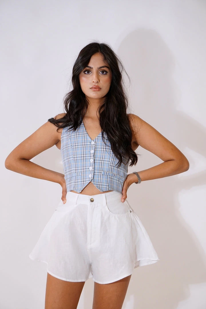 Au Darling Blue Plaid Vest Top