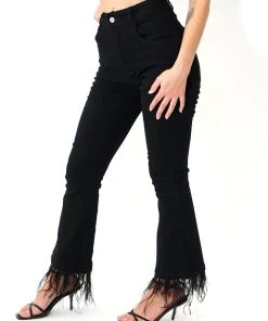 Au Darling Feather Trim Black Jeans