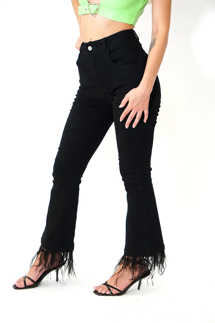 Au Darling Feather Trim Black Jeans