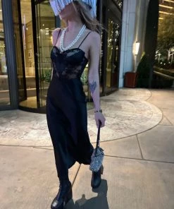 Au Darling Black Lace Satin Midi Dress Clothing