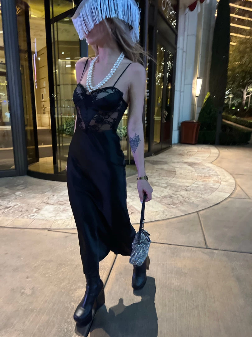 Au Darling Black Lace Satin Midi Dress Clothing