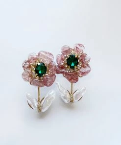 Au Darling Accessories Pink And Green Pearl Flower Earrings