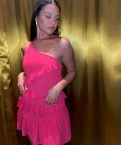 Au Darling Fuchsia Ruffle Halter Dress Clothing