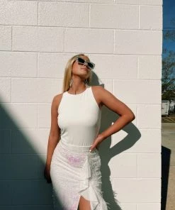 Au Darling White Sequin Feathered Skirt Clothing