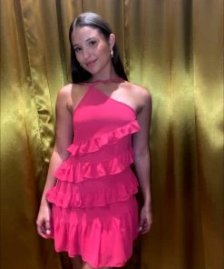 Au Darling Fuchsia Ruffle Halter Dress Clothing