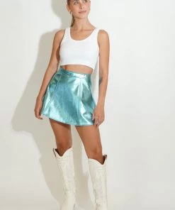 Au Darling Blue Metallic Faux Leather Skirt