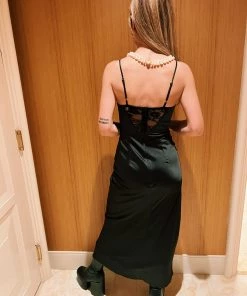 Au Darling Black Lace Satin Midi Dress Clothing