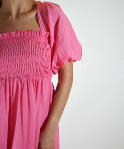 Au Darling Pink Smocked Bust Midi Dress Clothing