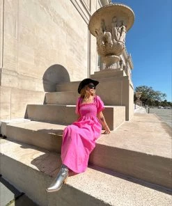 Au Darling Pink Smocked Bust Midi Dress Clothing