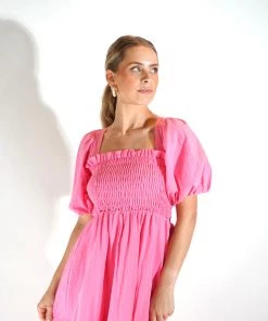 Au Darling Pink Smocked Bust Midi Dress Clothing