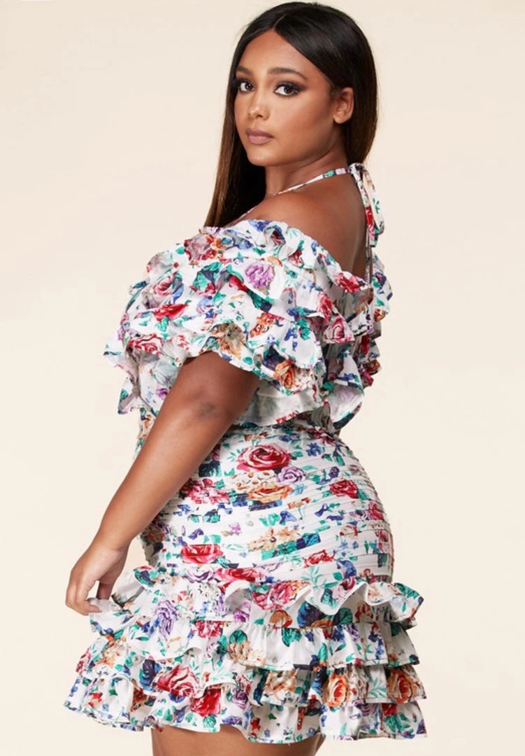Au Darling Floral Print Ruffle Dress Clothing