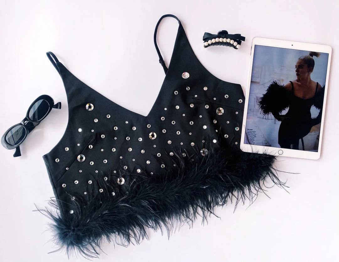 Au Darling Clothing Fancy Feather Rhinestone Top