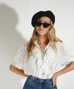 Au Darling Clothing White Feather Detail Button Down Top