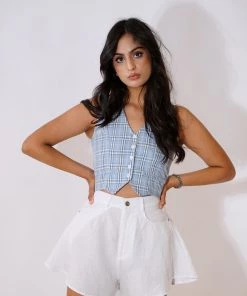 Au Darling Blue Plaid Vest Top