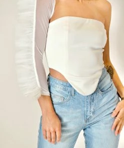 Au Darling Clothing One Shoulder Tulle Sleeve Top