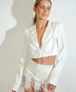 Au Darling White Jeweled Blazer Top Clothing
