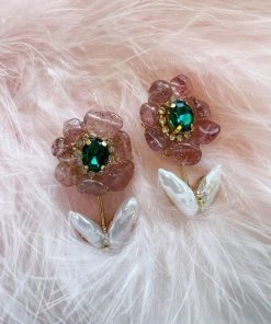 Au Darling Accessories Pink And Green Pearl Flower Earrings