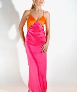 Au Darling Clothing Pink & Orange Satin Midi Dress