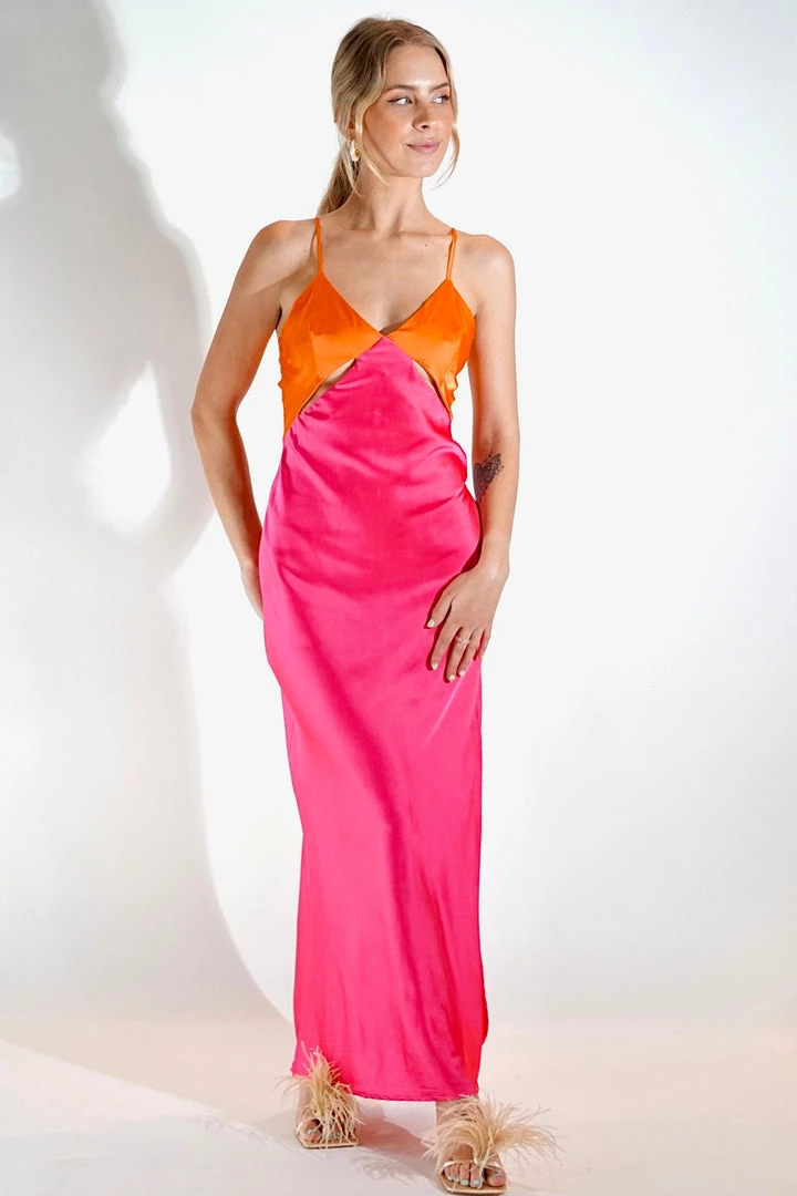 Au Darling Clothing Pink & Orange Satin Midi Dress