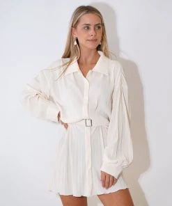 Au Darling Clothing Ivory Pleated Button Down Dress