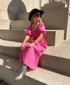 Au Darling Pink Smocked Bust Midi Dress Clothing