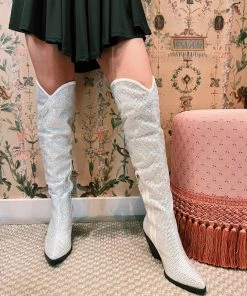 Au Darling Accessories White Rhinestone Thigh High Cowboy Boots