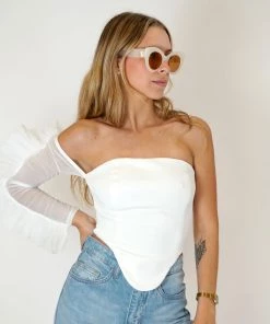 Au Darling Clothing One Shoulder Tulle Sleeve Top