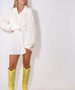 Au Darling Clothing Ivory Pleated Button Down Dress