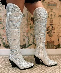 Au Darling Accessories White Rhinestone Thigh High Cowboy Boots