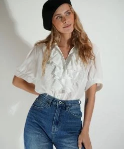 Au Darling Clothing White Feather Detail Button Down Top