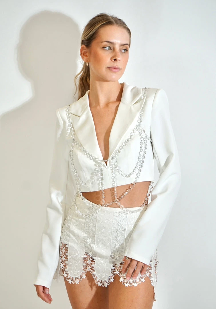 Au Darling White Jeweled Blazer Top Clothing