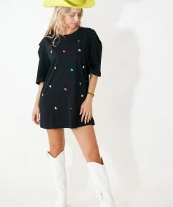 Au Darling Confetti Jeweled Black T-Shirt Dress Clothing