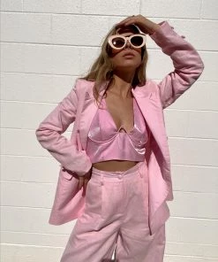 Au Darling Pink Linen Suit Blazer