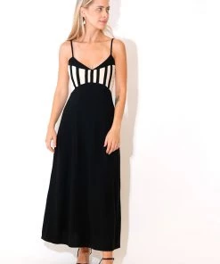 Au Darling Black And Tan Striped Midi Dress