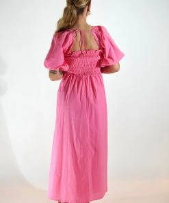 Au Darling Pink Smocked Bust Midi Dress Clothing
