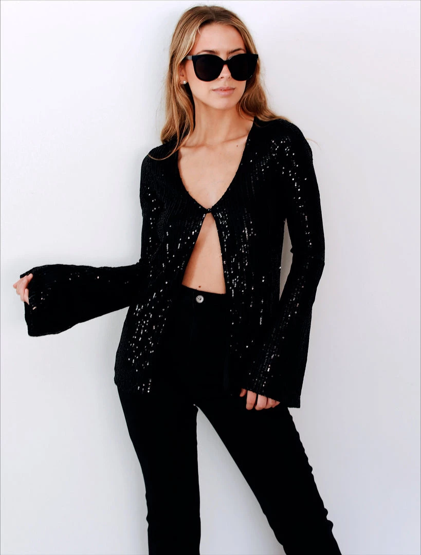 Au Darling Black Sequin Open Front Top Sale