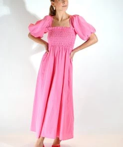 Au Darling Pink Smocked Bust Midi Dress Clothing