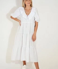 Au Darling White Ruffled Midi Dress Clothing