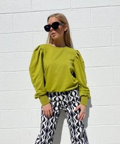 Au Darling Green Puff Sleeve Sweatshirt Sale
