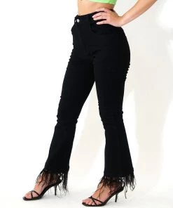 Au Darling Feather Trim Black Jeans