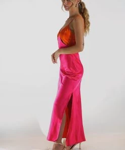 Au Darling Clothing Pink & Orange Satin Midi Dress