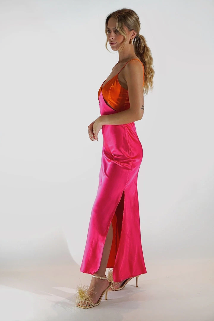 Au Darling Clothing Pink & Orange Satin Midi Dress