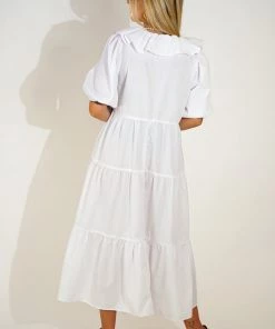 Au Darling White Ruffled Midi Dress Clothing