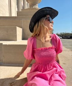 Au Darling Pink Smocked Bust Midi Dress Clothing