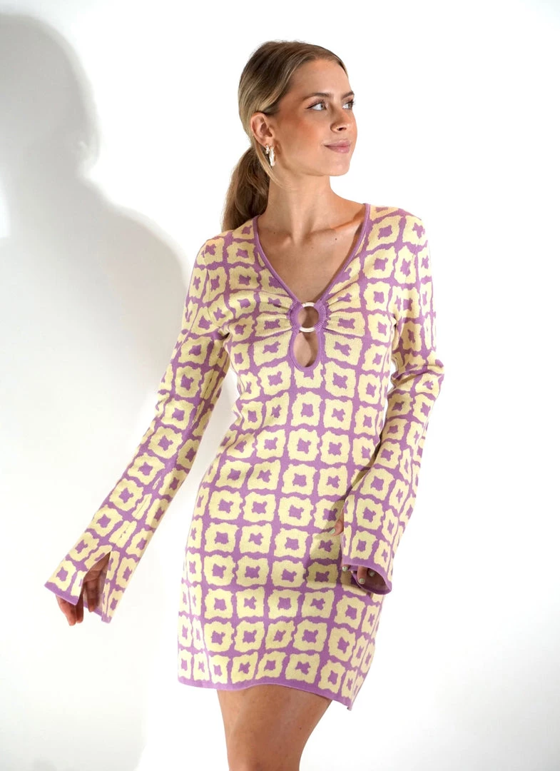 Au Darling Purple & Yellow Knit Mini Dress Clothing
