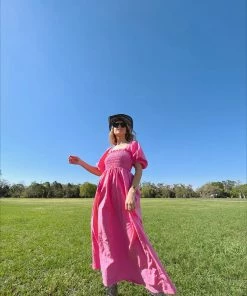 Au Darling Pink Smocked Bust Midi Dress Clothing