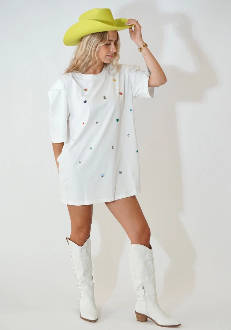 Au Darling Clothing Confetti Jeweled White T-Shirt Dress